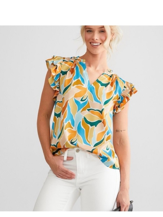 willow & root Tops - V-Neck Flutter Sleeve Blouse in Yellow Multi